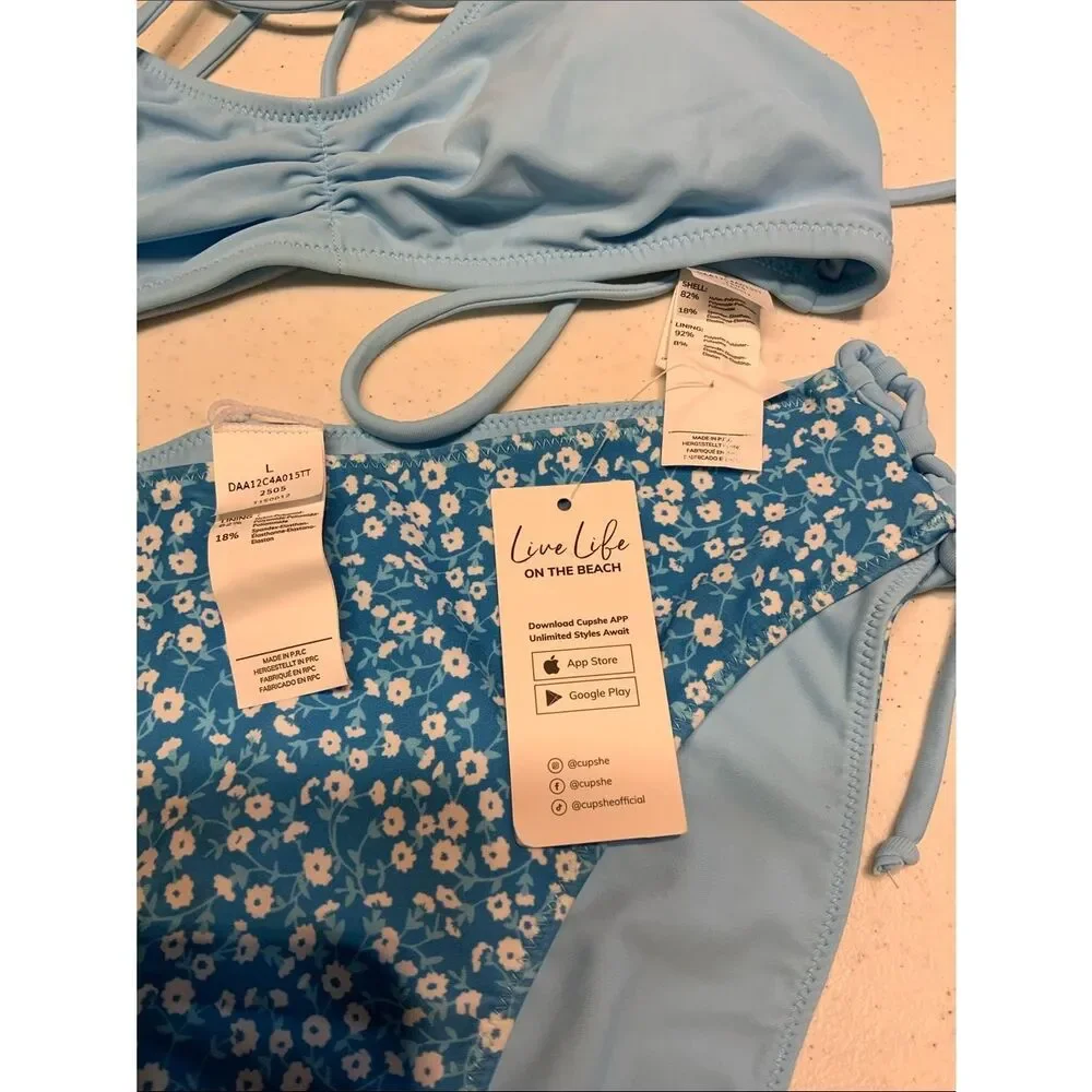 NWT‎ Lrg CUPSHE Women's 2 PC  Bikini Back Braided Straps with Reversible Bottom